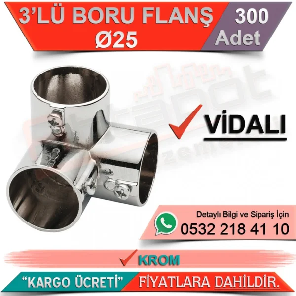 3’Lü Boru Flanşı Vidalı Ø25 Krom (300 Adet) - Hırdavat Çeşitleri 3’Lü Boru Flanşı Vidalı Ø25 Krom (300 Adet) | Hırdavat Çeşitleri