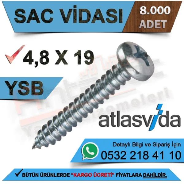 Atlas Sac Vidası Ysb 4,8X19 (8.000 Adet) - Vida Çeşitleri Atlas Sac Vidası Ysb 4,8X19 (8.000 Adet) | Vida Çeşitleri
