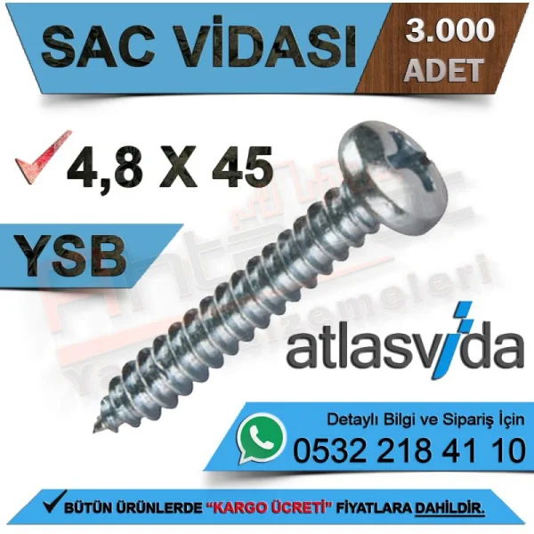 Atlas Sac Vidası Ysb 4,8X45 (3.000 Adet) - Vida Çeşitleri Atlas Sac Vidası Ysb 4,8X45 (3.000 Adet) | Vida Çeşitleri