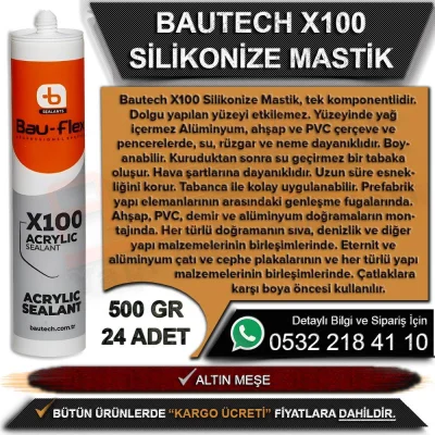 Bautech X100 Silikonize Mastik 500 Gr Altın Meşe (24 Adet)