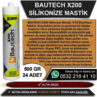 Bautech X200 Silikonize Mastik 500 Gr Altın Meşe (24 Adet)