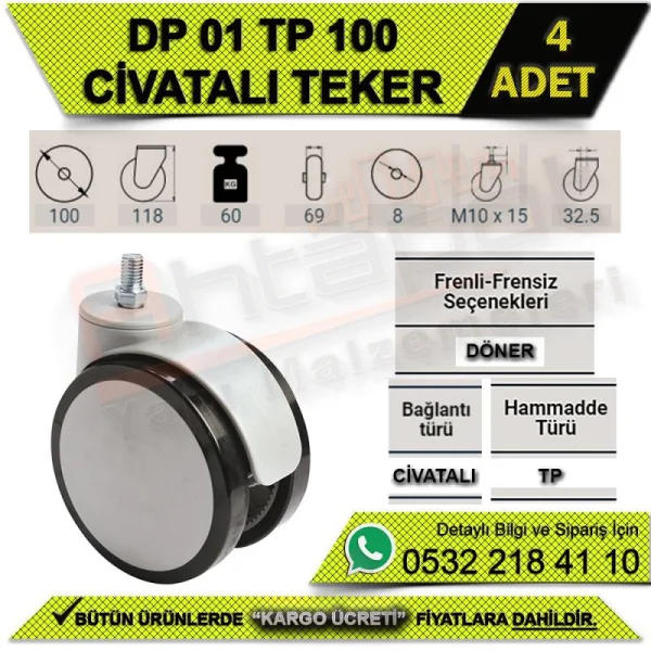 DP 01 TP 100 CİVATALI TEKER (4 ADET) - Tekerlekler DP 01 TP 100 CİVATALI TEKER (4 ADET) | Tekerlekler