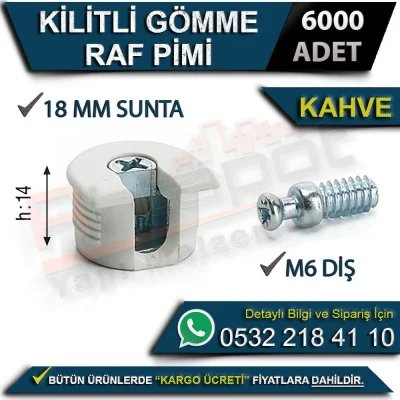 Kilitli Gömme Raf Pimi M6 Diş 18 Mm Kahve (6000 Adet)