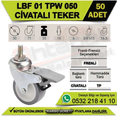 LBF 01 TPW 050 CİVATALI FRENLİ BEYAZ MOBİLYA TEKERİ (50 ADET)