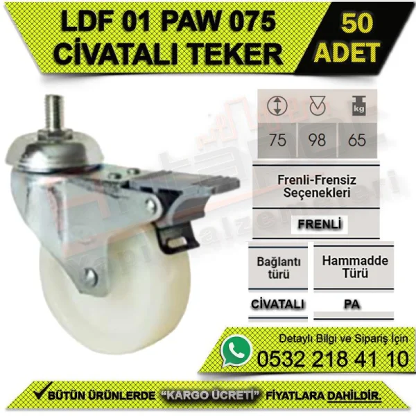 LDF 01 PAW 075 WHEEL WITH BOLT BRAKE (50 PCS) - Wheels LDF 01 PAW 075 WHEEL WITH BOLT BRAKE (50 PCS) | Wheels