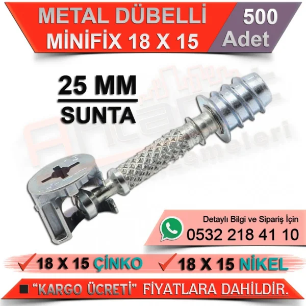 Metal Dowel Minifix 25 Mm 18x15 Nickel (500 Pieces) - Minifix Connecto Metal Dowel Minifix 25 Mm 18x15 Nickel (500 Pieces) | Minifix Connectors