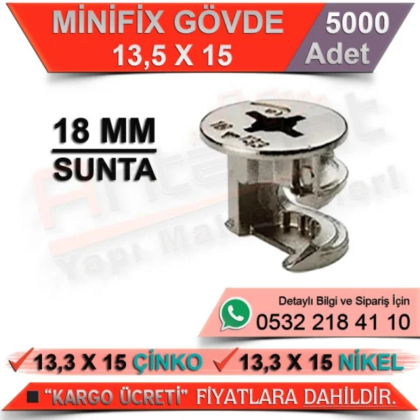 Minifix Gövde 18 Mm 13,3x15 Nikel (5000 Adet) - Minifixler Minifix Gövde 18 Mm 13,3x15 Nikel (5000 Adet) | Minifixler