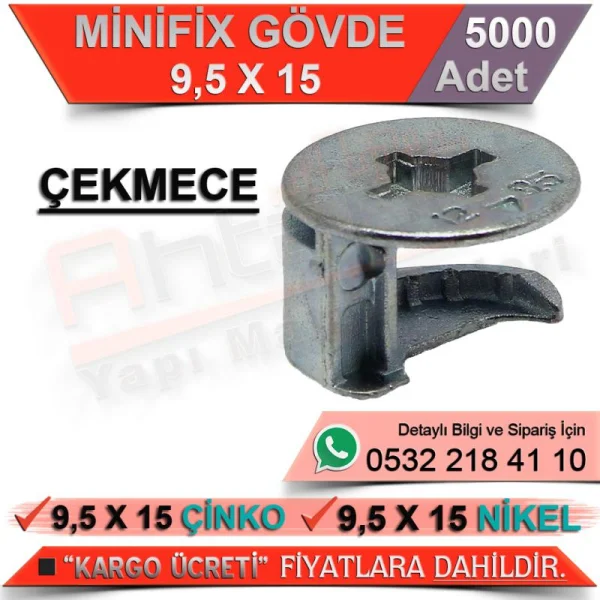 Minifix Body Drawer 9,5x15 Nickel (5000 Pieces) - Minifix Connectors Minifix Body Drawer 9,5x15 Nickel (5000 Pieces) | Minifix Connectors