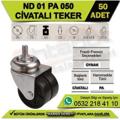 ND 01 PA 050 BOLT FURNITURE WHEEL (50 PCS)