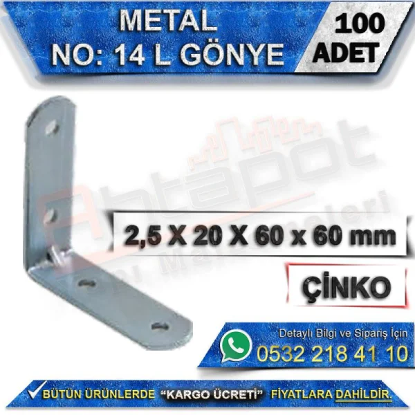 No: 14 L Gönye 2,5X20X60x60 mm (100 Adet) - Metal L Gönye No: 14 L Gönye 2,5X20X60x60 mm (100 Adet) | Metal L Gönye