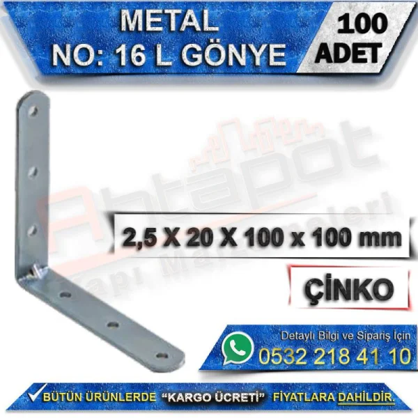 No: 16 L Gönye 2,5X20X100x100 mm (100 Adet) - Metal L Gönye No: 16 L Gönye 2,5X20X100x100 mm (100 Adet) | Metal L Gönye