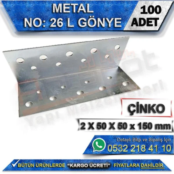 No: 26 L Gönye 2X50X50x150 mm (100 Adet) - Metal L Gönye No: 26 L Gönye 2X50X50x150 mm (100 Adet) | Metal L Gönye