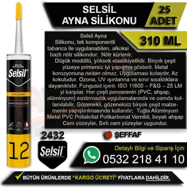 Selsil Ayna Silikonu 310 ML Şeffaf (25 Adet) Selsil Ayna Silikonu 310 ML Şeffaf (25 Adet)