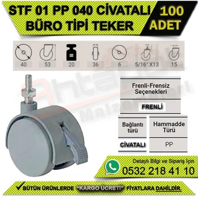 STF 01 PP 040 CİVATALI BÜRO TİPİ FRENLİ (GRİ) TEKER (100 ADET)
