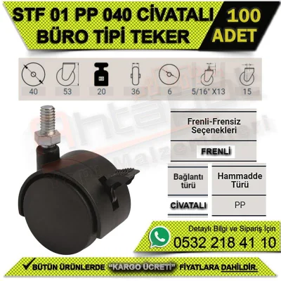 STF 01 PP 040 CİVATALI BÜRO TİPİ FRENLİ (SİYAH) TEKER (100 ADET)