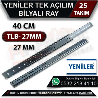 Yeniler 27 Mm Tek Açılım Bilyalı Ray 40 Cm (25 Takım)